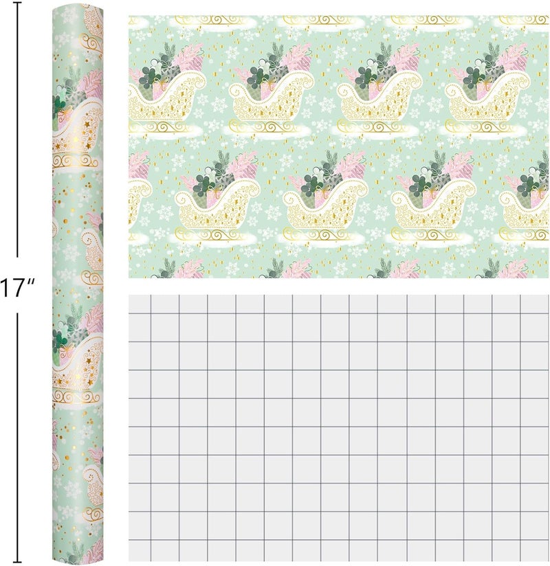 Retrify Light Green Wrapping Paper Roll - Metallic Gold Foil Cute Sleigh Carrying Gift Box Pattern Mini Roll Gift Wrap Paper for Christmas Holiday Festive Decoration - 17 Inches x 32.8 Feet - Image 4